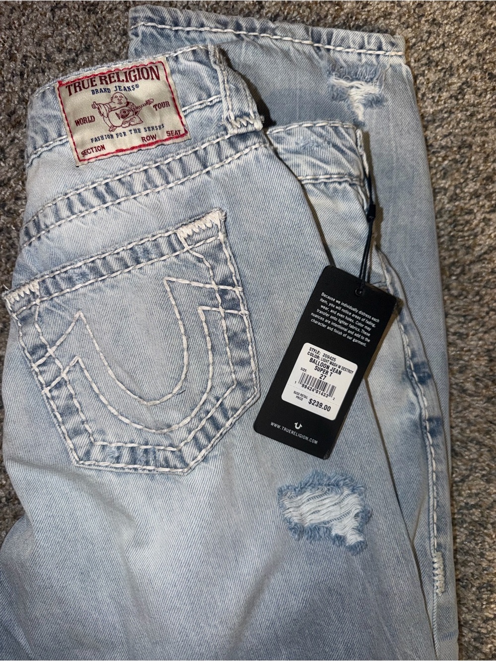 True Religion Light Wash Distressed Boyfriend Jeans